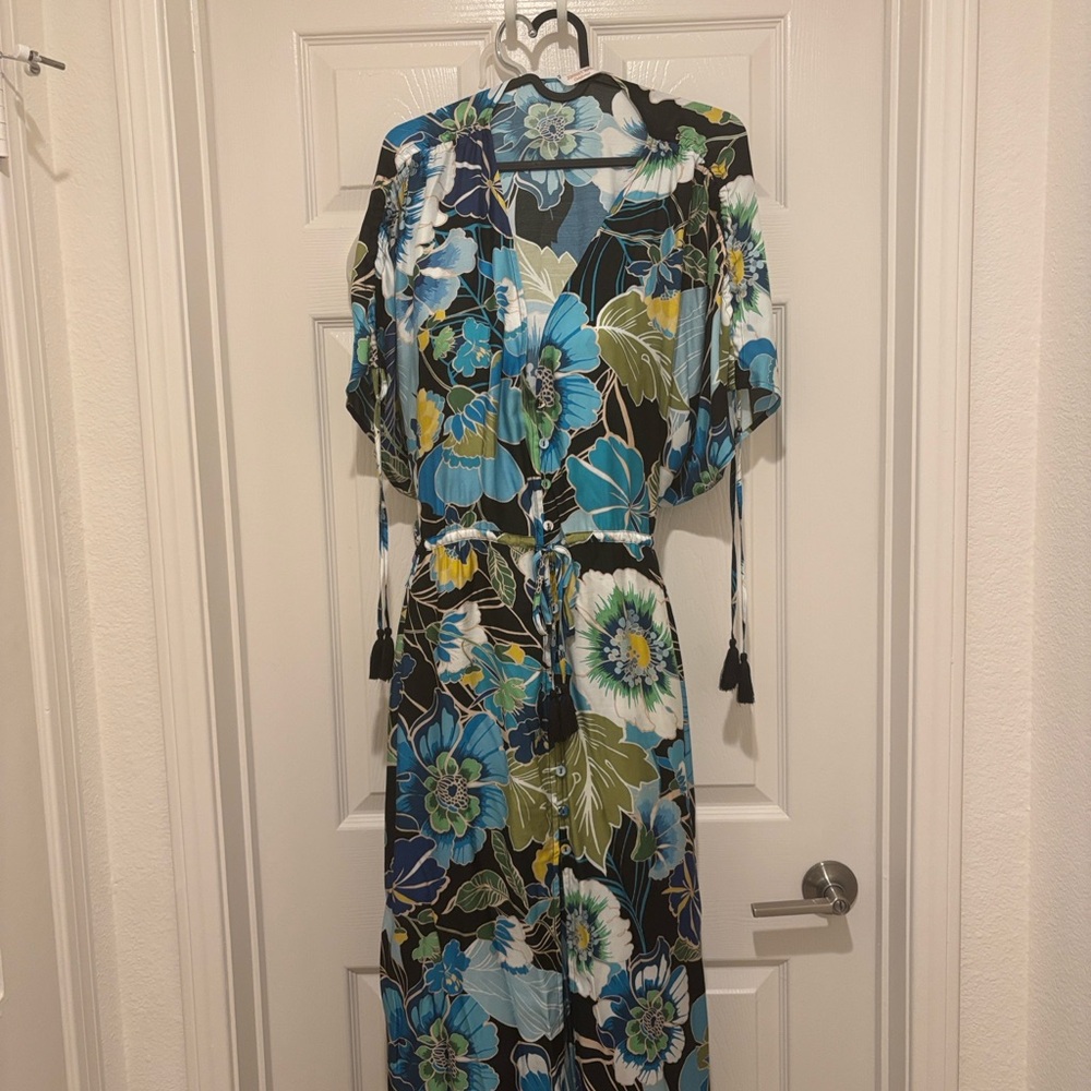 Johnny Was Black, Blue & Green Floral Tie-Waist Maxi Coverup